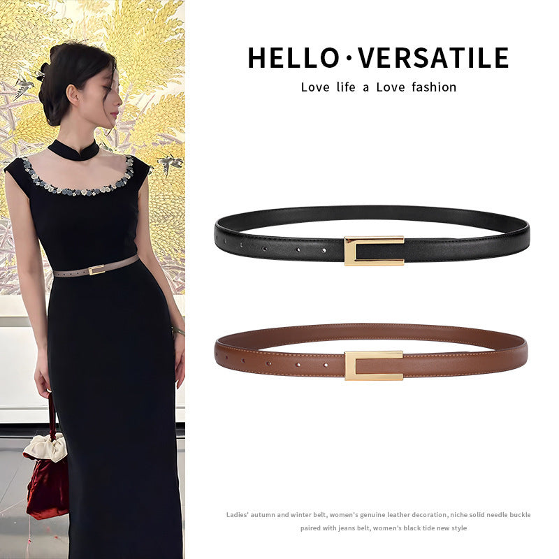 Cinto Feminino Fino em Couro Genuíno Estilo Retrô