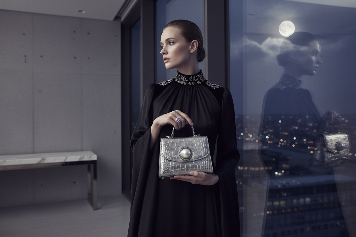 Close de uma mulher elegante com vestido preto e uma bolsa da imagem d975d65f-a7db-4586.jpg em um ambiente minimalista e sofisticado olhando pela janela à noite, a lua refletindo em algum elemento (vidro, bolsa, pele, etc.).
 luz suave de luar refletindo no rosto, atmosfera noturna e premium, foco em tons lilás, prata e branco, fotografia editorial de moda de luxo. 